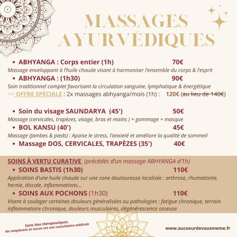 Tarifs soins & Massages